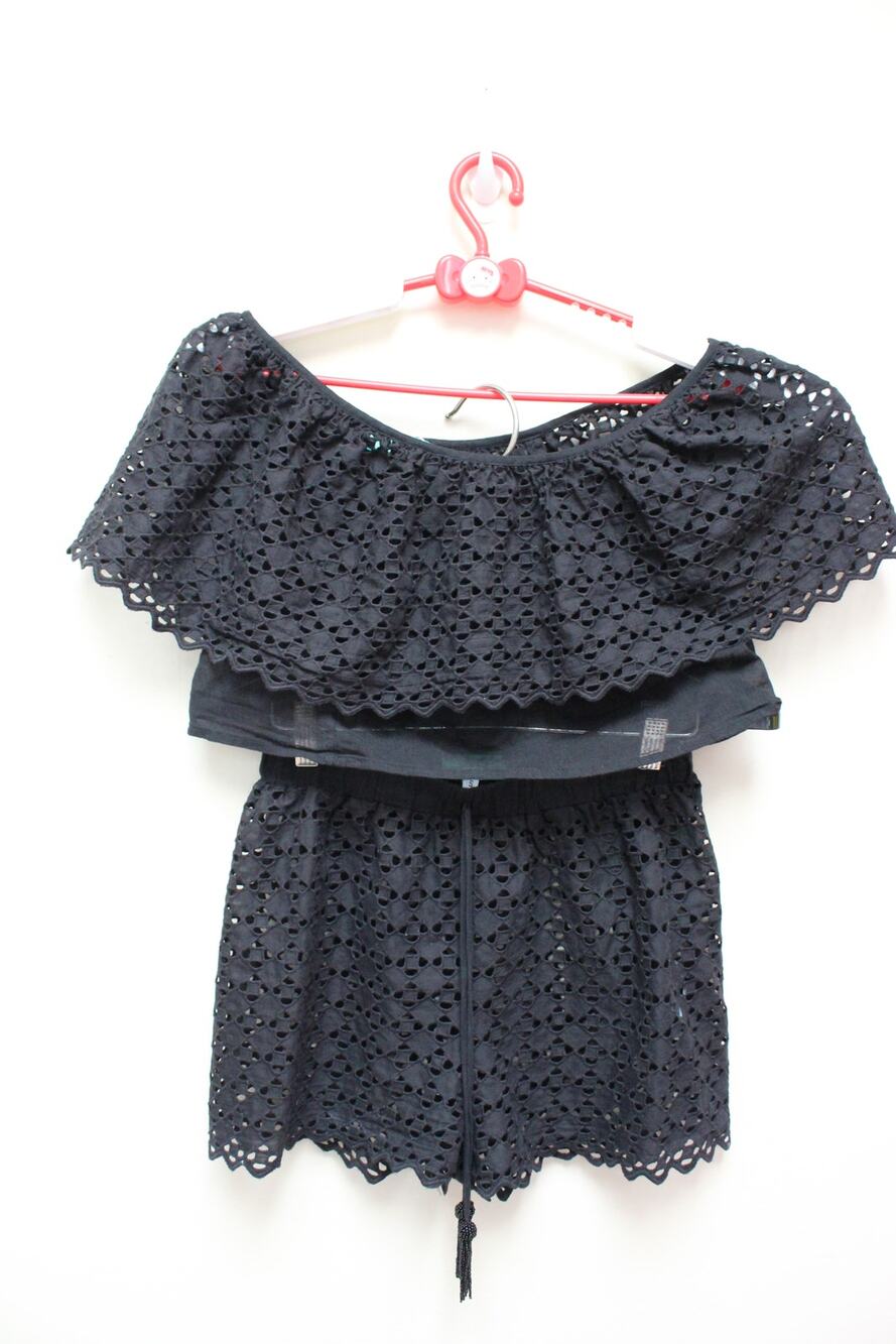 Waimari Black Sheer Eyelet Embroidered Short Crop Top 2 PC Set Size Small